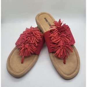 Minnetonka Tricia Fringe Pom Pom Sandals Women 7M Red Slide Thong Boho Flip Flop